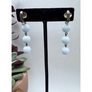 Vintage Castle Cliff Glass Blue Bead Dangle Earrings Clip On Signed Castlecliff